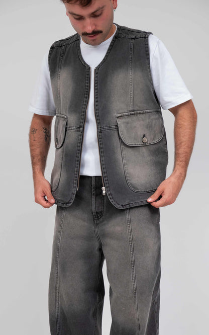 LE GILET DENIM NOIR USED